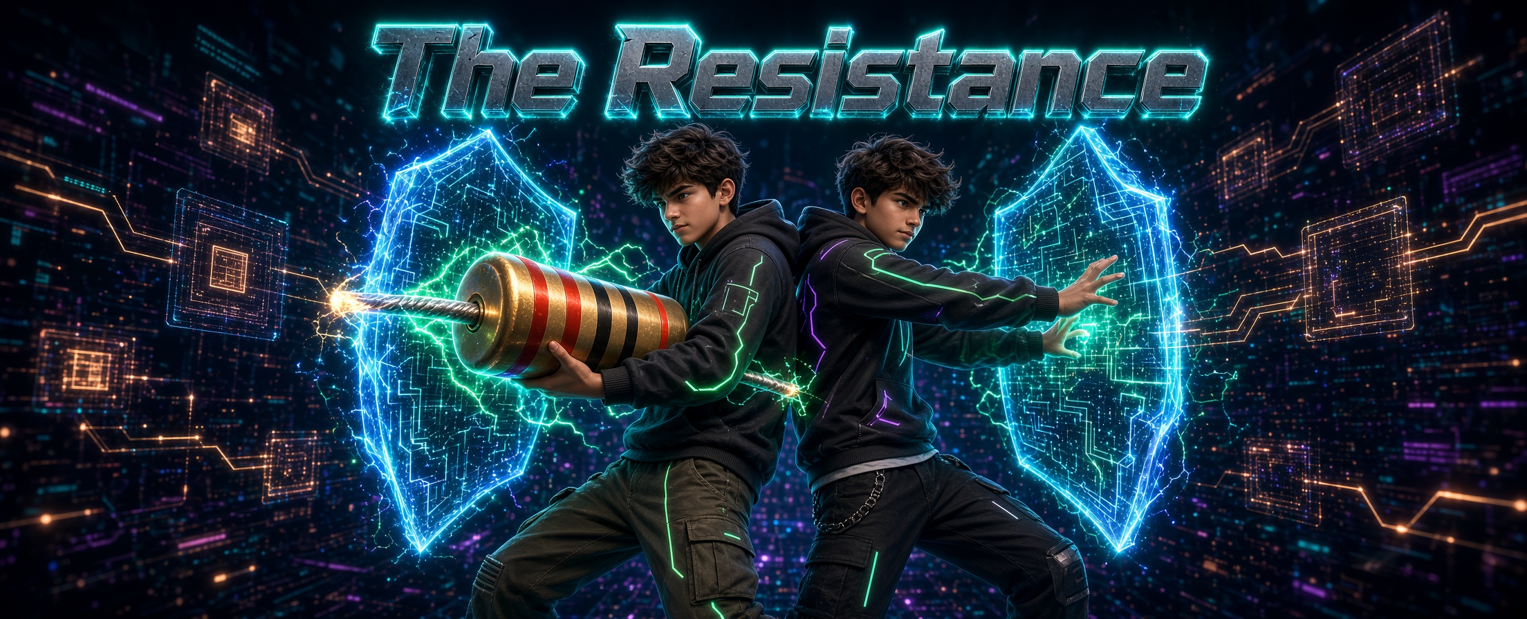 The Resistance — two teens in tech gear with a resistor staff and energy shields against a circuit backdrop
